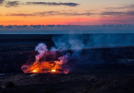 Halemaumau crater glow at sunset, Hawaii Volcanoes National Park